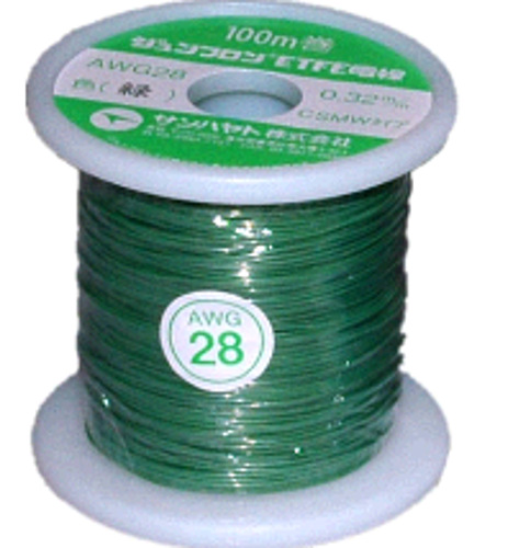 サンハヤト　ジュンフロンETFE電線　AWG28-100m:緑