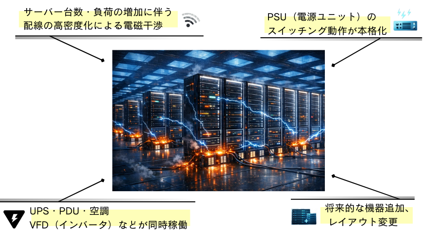 
・サーバー台数・負荷の増加に伴う配線の高密度化による電磁干渉
・PSU（電源ユニット）のスイッチング動作が本格化
・UPS・PDU・空調・VFD（インバータ）などが同時稼働
・将来的な機器追加、レイアウト変更
