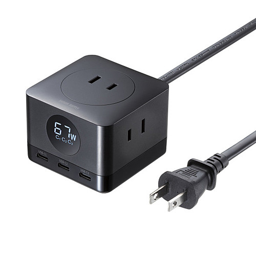 サンワサプライ　PD67W USB-C×3GaN窒化ガリウム 充電機能付き3個口タップ　TAP-B111C3BK